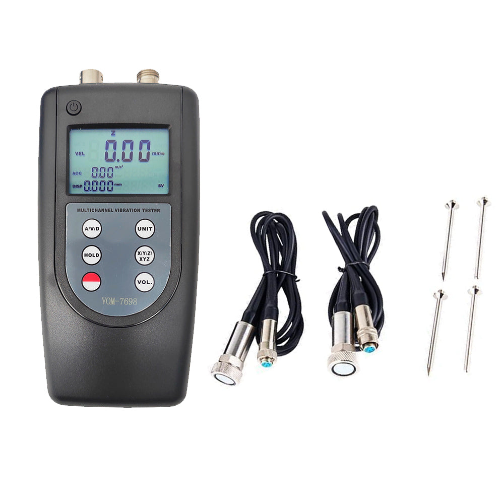 VTSYIQI 2-Channel Vibration Meter with Velocity Acceleration Displacement Simultaneously Display Velocity Cone Probe & Spherical Probe 2 Piezoelectric Transducers for Measuring Periodic Motion to Check the Imbalance and Deflecting of Moving Machinery