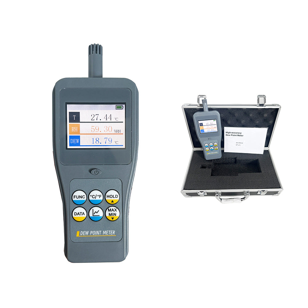 VTSYIQI Dew Point Monitors Portable Dew Point Meter with Testing Parameters Ambient, Dew Point and Wet Bulb Temperature, Relative and Absolute Humidity, PPMv 99 Groups Data Storage Color LCD Display