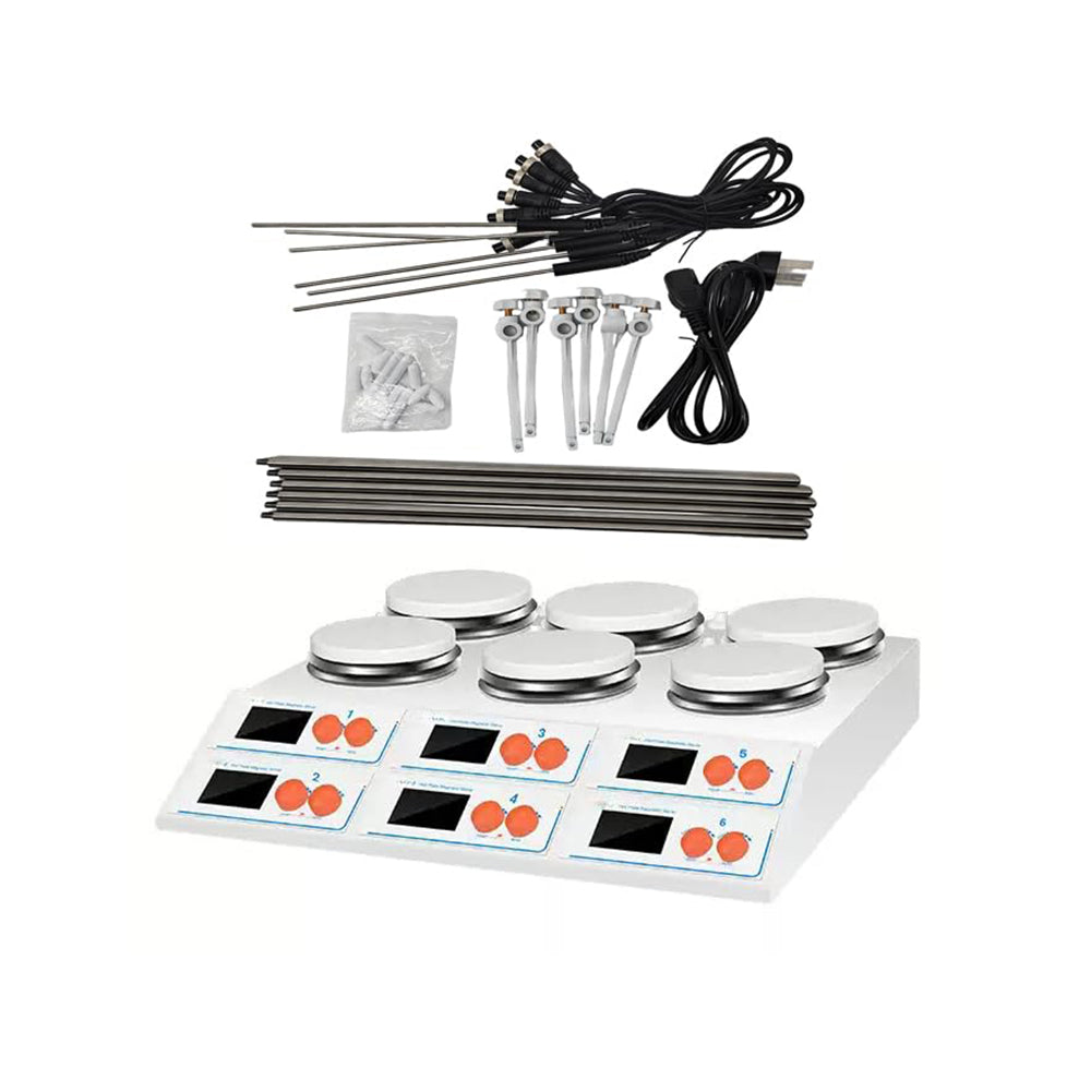 VTSYIQI Multi-positions Hot Plate Stirrer with Number of Stirring Stations 6 Maximum Stirring Capacity Per Station 6*10L Control Mode Independent Operation RPM Range 50–2000rpm Temperature RPM Display Functions