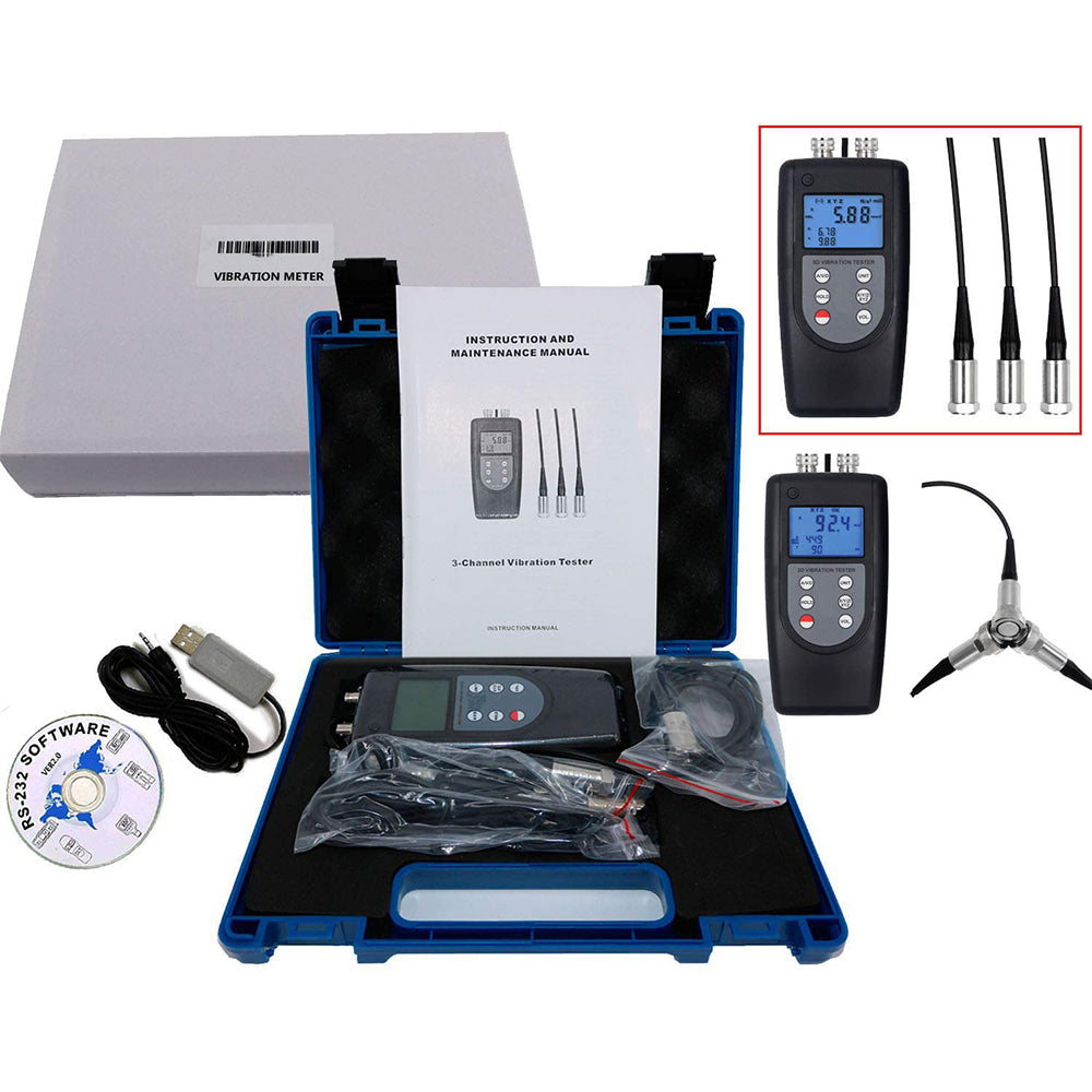 VTSYIQI Digital 3 Axis Vibration Meter Tester 3 Channel Portable Vibrometer Analyzer 3 Probe Vibration Testing Gauge Vibrometer of Velocity Acceleration Include USB Data Cable with Software