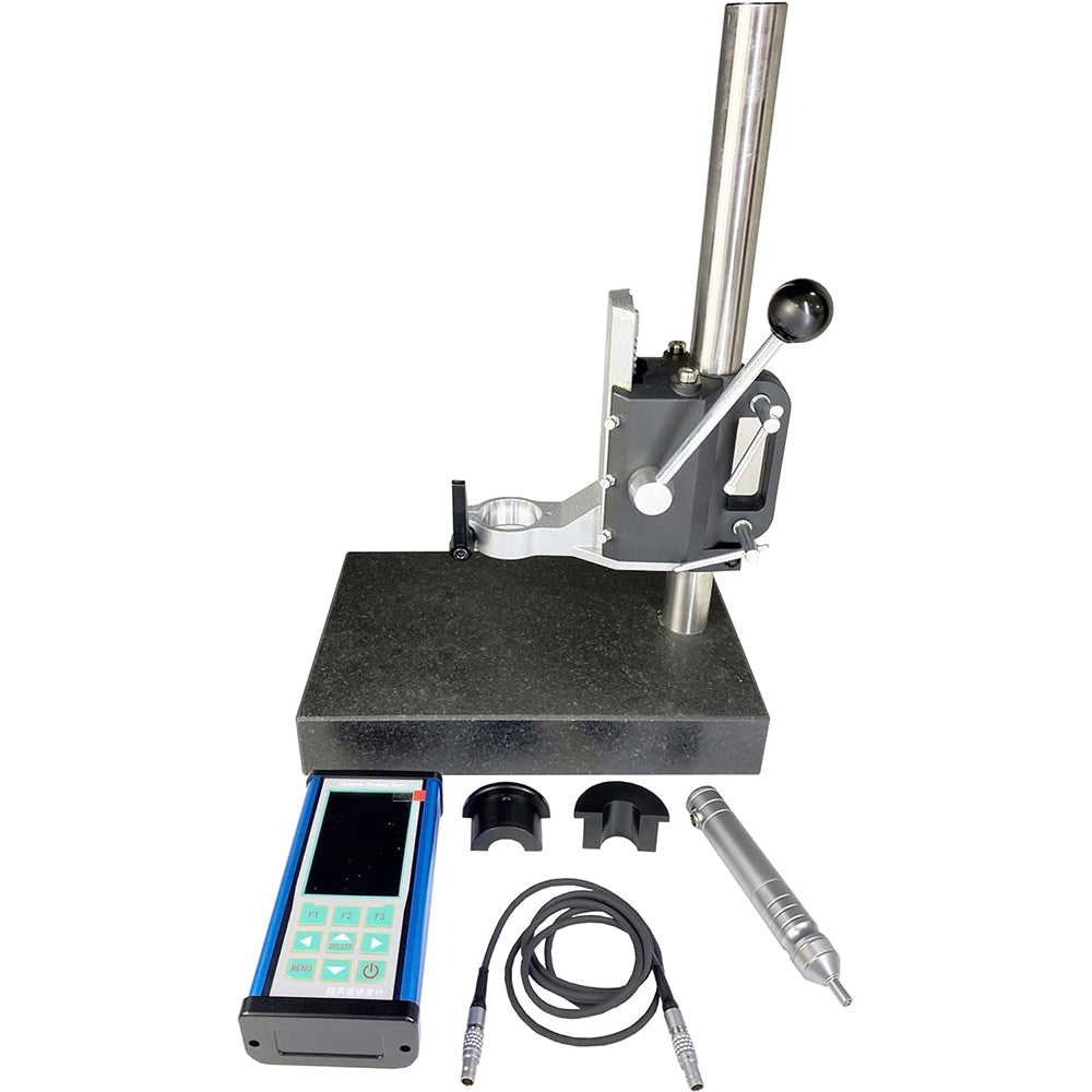 VTSYIQI Ultrasonic Portable Hardness Tester Ultrasonic  Durometer with Hardness Test Stand  Probe 10kgf Test Force 98N USB Interface Hardness Scales HV HB HRB HRC HRA for Measuring Welds Cast Iron Cast Aluminum Induction Heating