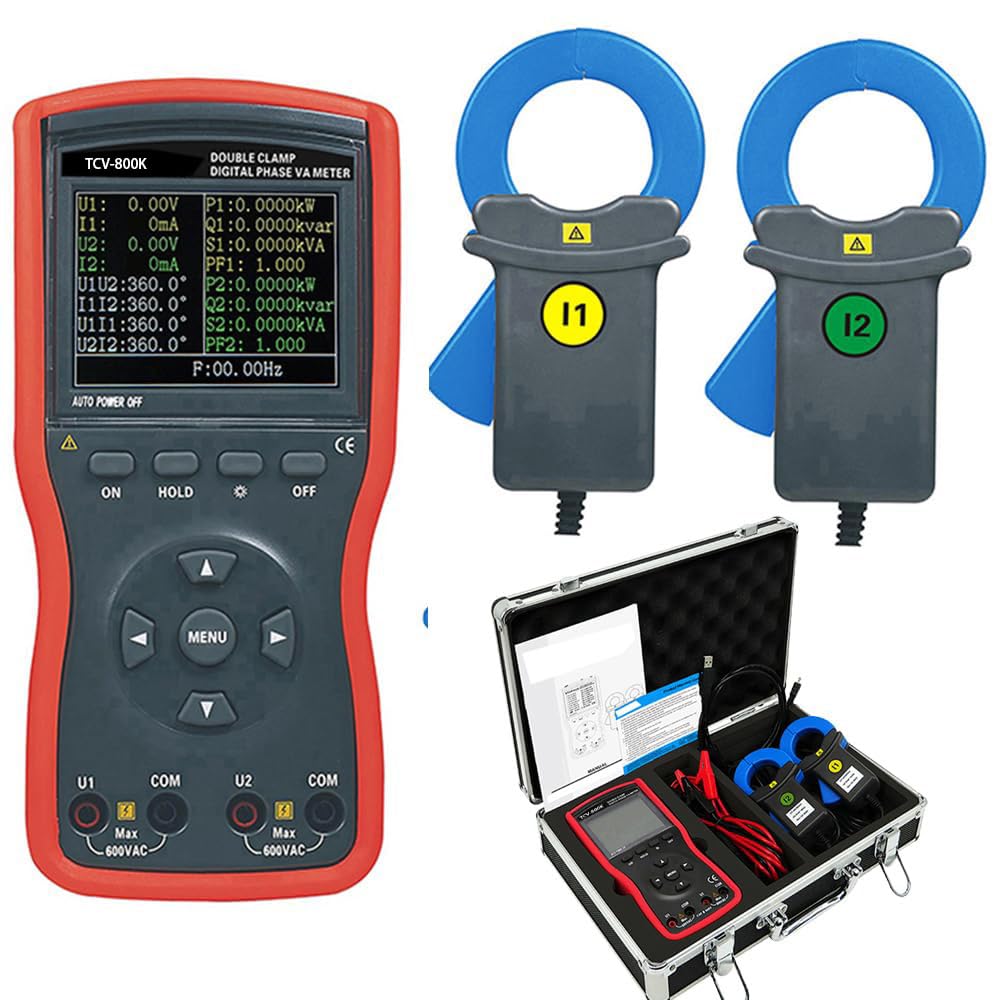 VTSYIQI Double Clamp Phase Volt-Ampere Clamp Meter Large Caliber Digital Phase Voltage Meter Digital VA Meters with Voltage AC 0.00V~600V Current AC 0.0mA~600.0A Clamp Size φ40mm