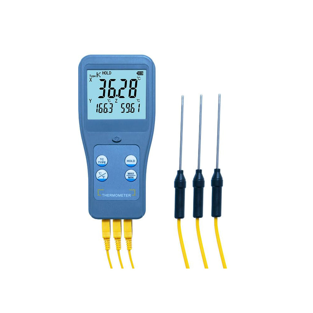 VTSYIQI Three Channels Thermocouple Temperature Meter K Type 3 Channel Thermocouple Thermometer with Resolution 0.01°C/°F K Type Thermocouple Range -200~1372°C (-328~2501.6°F) Battery Indication Function Data Hold Function