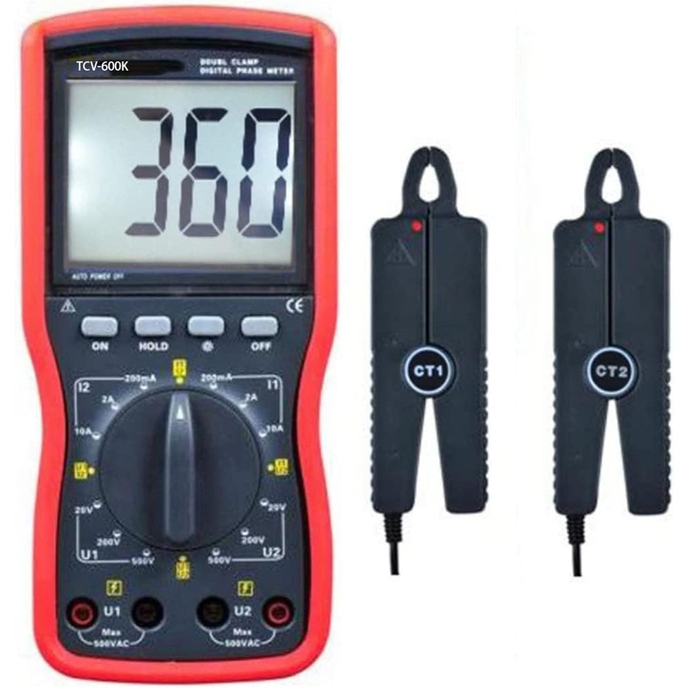 VTSYIQI Double Clamp Phase Voltage Ampere Meter Double-Phase Voltammeter Clamp Meter with Clamp jaw Size Φ8mm Voltage AC 0~600V Current AC 0~20A Phase 0~360°