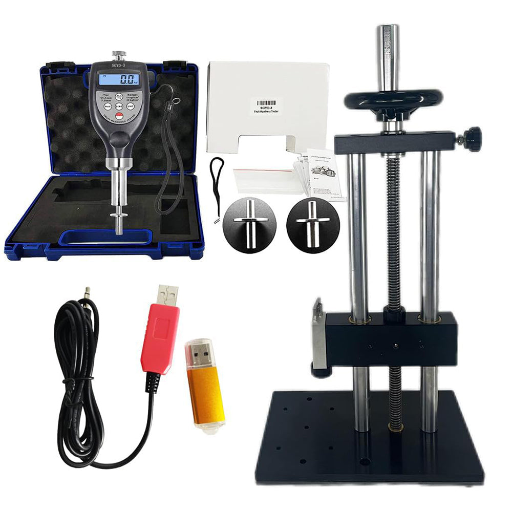 VTSYIQI Digital Fruit Durometer and Hardness Test Stand with USB Data Cable and Software with Two Tip Diameter 7.9mm 11.1mm Range 7.9mm 0.2~11.0kgf/cm² 11.1mm 0.4~22.0kgf/cm² for Larger Fruit Firm Hard Fruit