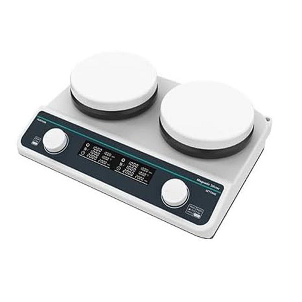 VTSYIQI Multi-Position Hotplate Stirrer 2 Positions Hot Plate Stirrer with Speed Range 50-1500RPM Max Stirring Volume 2*2L Plate Temperature RT-310℃ Brushless Motor Stainless Steel Ceramic Coated Countertops