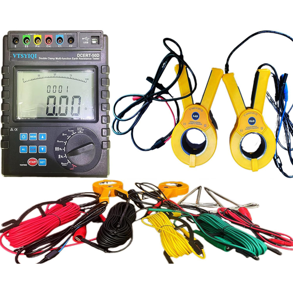 VTSYIQI Double Clamp Ground Resistance Tester Multifunction Earth Resistance Tester with Grounding Resistance Range 0.00Ω-30.00kΩ Soil Resistivity 0.00Ωm-9000kΩm AC Leakage Current 0.00mA-600A