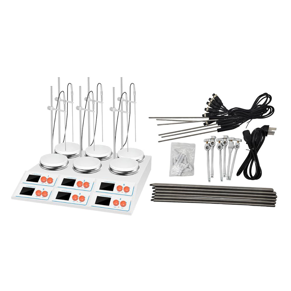 VTSYIQI 6 Position Hotplate Stirrer Multi Position Hotplate Magnetic Stirrer with Max Volume 6*10L Speed Range 50–2000rpm PT100 Temperature Sensor Temperature Control RT+5–160°C Accuracy ±1°C Brushless Motor
