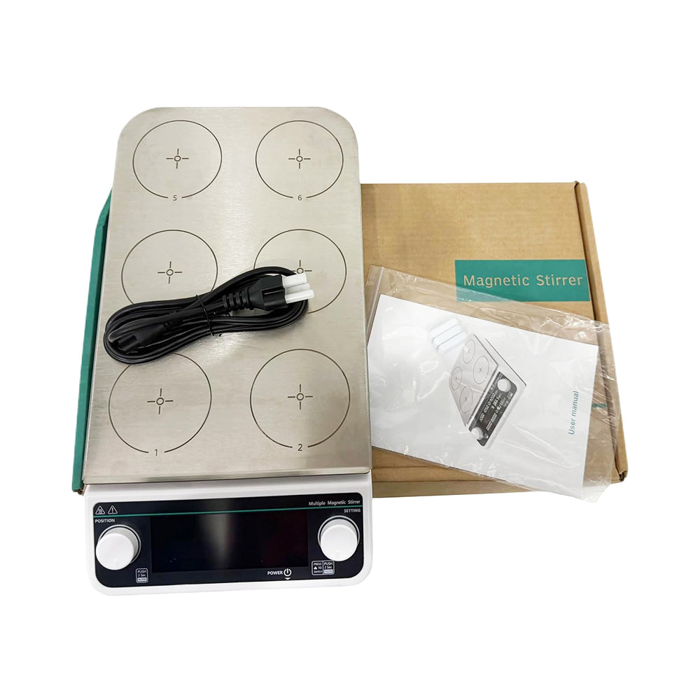 VTSYIQI Multi-Position Magnetic Hotplate Stirrers 6 Position Hotplate Stirrer with Max Stirring Volume 6 * 500ML Number Of Stirring Points 6 Speed Range 50-1200 RPM LCD Liquid Crystal Display Brushless Motor
