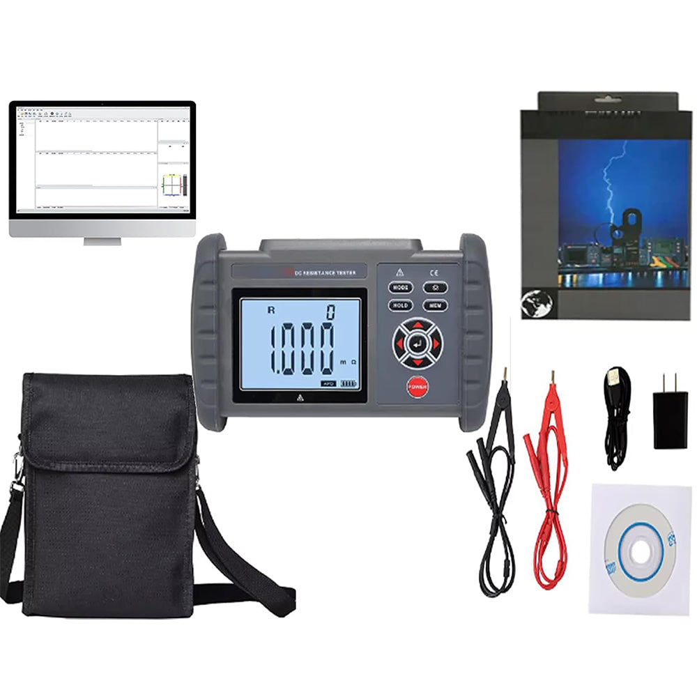 VTSYIQI DC Low Resistance Tester Meter 4-Wire Low Resistance Tester Milliohm Meter Micro-ohmmeter With Resistance Range 0.001mΩ To 300.0KΩ Resolution 1uΩ Accuracy ±0.1%FS USB Data Transmission Function