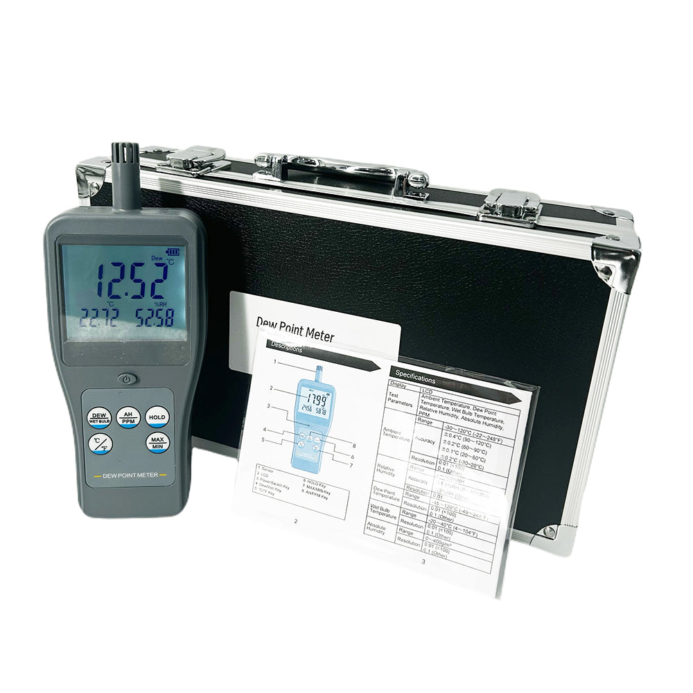 VTSYIQI Integrated Multifunctional Dew Point Meter Dewpoint Tester with Ambient Temperature Relative Humidity Dew Point Temperature Wet Bulb Temperature Absolute Humidity PPM Measurement Large LCD Display