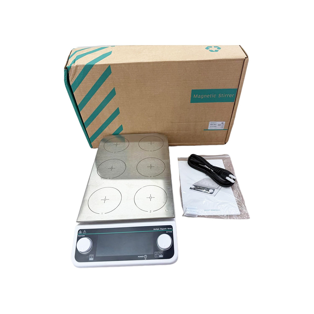 VTSYIQI Multi-position Hot Plate Magnetic Stirrer Multi-Position Magnetic Hotplate Stirrers with RPM 50-1200 RPM Max Stirring Volume 6 * 500ML 6 Stirring Points Timing 1min - 19h59min Plate Temperature Room Temp - 120℃
