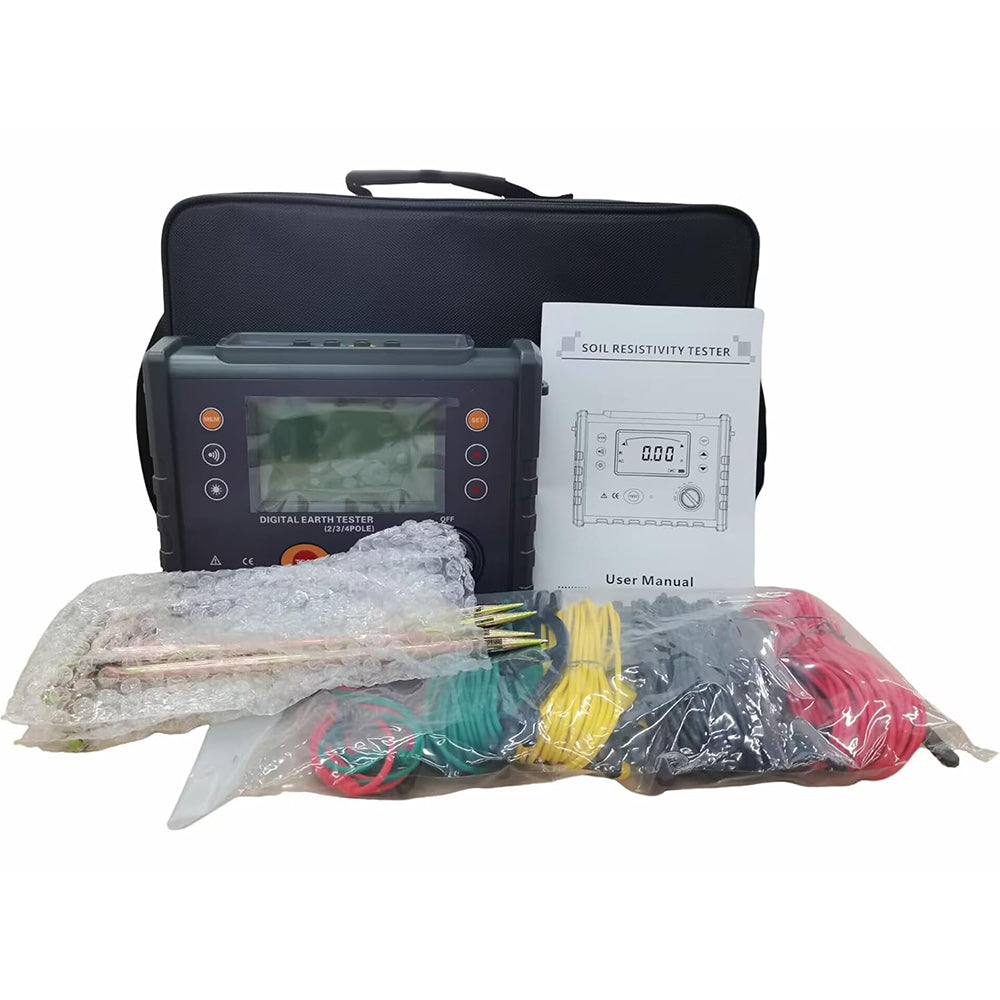 VTSYIQI Soil Resistivity Tester Digital 4‑Digit LCD Earth Ground Meter with Soil Resistivity 0-9000kΩm Resistance 0.01Ω-30.00KΩ 2‑Pole 3-Pole 4-Pole 500 Groups Storage 500 Groups Storage IEC61010-1