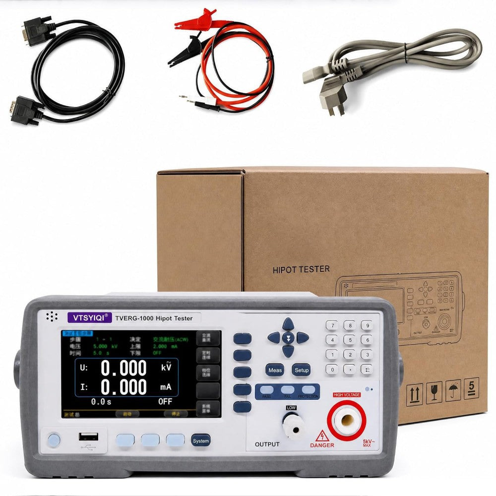 VTSYIQI Benchtop AC/DC Hipot Tester with RS232/Handler Interface AC 5.000kV/10mA DC 6kV/5mA Touch Screen List Edit Discharge Function Arc Detection 9 Levels (AC/DC) for Home Appliance Safety Test