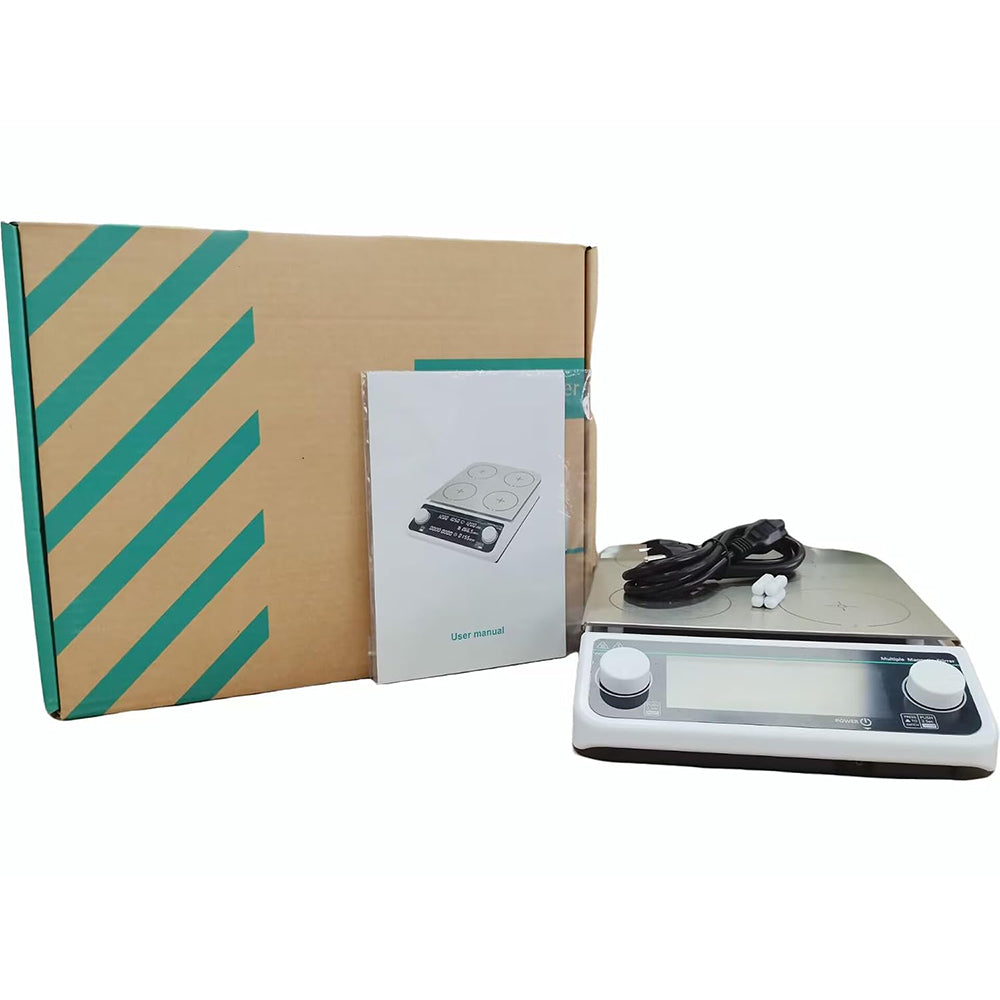 VTSYIQI Multi-positions Hot Plate Stirrer Four-Position Heating Magnetic Stirrer with Speed Range 50-1200 RPM Number Of Stirring Points 4 Max Stirring Volume 4 * 500ML Brushless Motor LCD Liquid Crystal Display