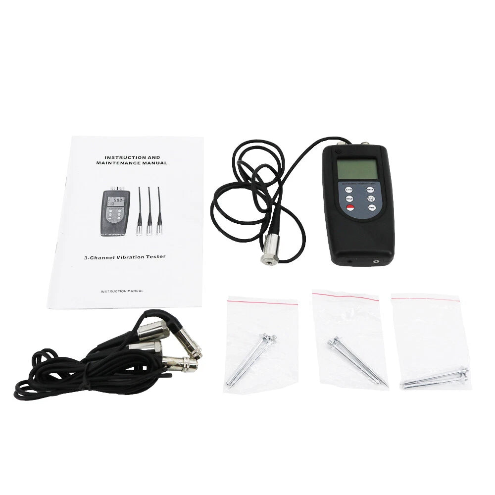 VTSYIQI 3 Channels Vibration Tester Vibration Analyzer with 3 Piezoelectric Transducers Frequency Range Acceleration 10Hz~10kHz Velocity 10Hz~1kHz Displacement 10Hz~1kHz Velocity Acceleration Displacement Simultaneously Display