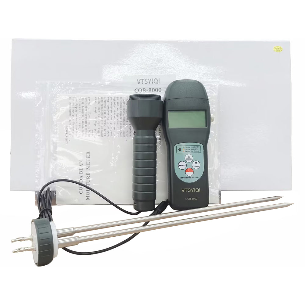 VTSYIQI Handheld Cocoa Bean Moisture Meter Tester Analyzer with Accuracy ±0.5%N LCD Display Measuring Range 7~30% Resolution 0.1 Green Yellow Red LED Indicator