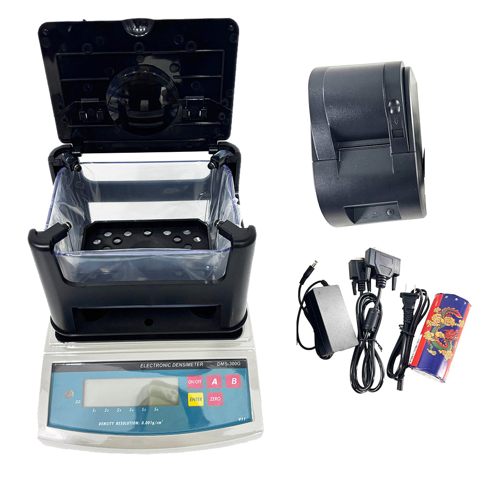 VTSYIQI Solid Densimeter with Printer Electronic Solid Density Meter Gravity Balance Gravimeter with Precision 0.005g Accuracy 0.001g/cm3 Maximum Weight 300g for Measuring Plastic Rubber Etc