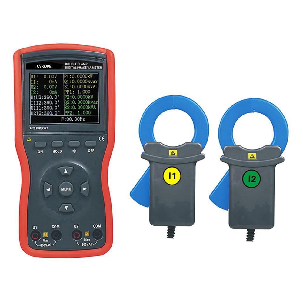 VTSYIQI Large Caliber Double Clamp Digital Phase Voltmeter Volt-Ampere Meter with Phase Range 0°-360° Voltage Range AC 0.00V~600V Current Range AC 0mA～600A Clamp Jaw Size φ40mm USB Interface