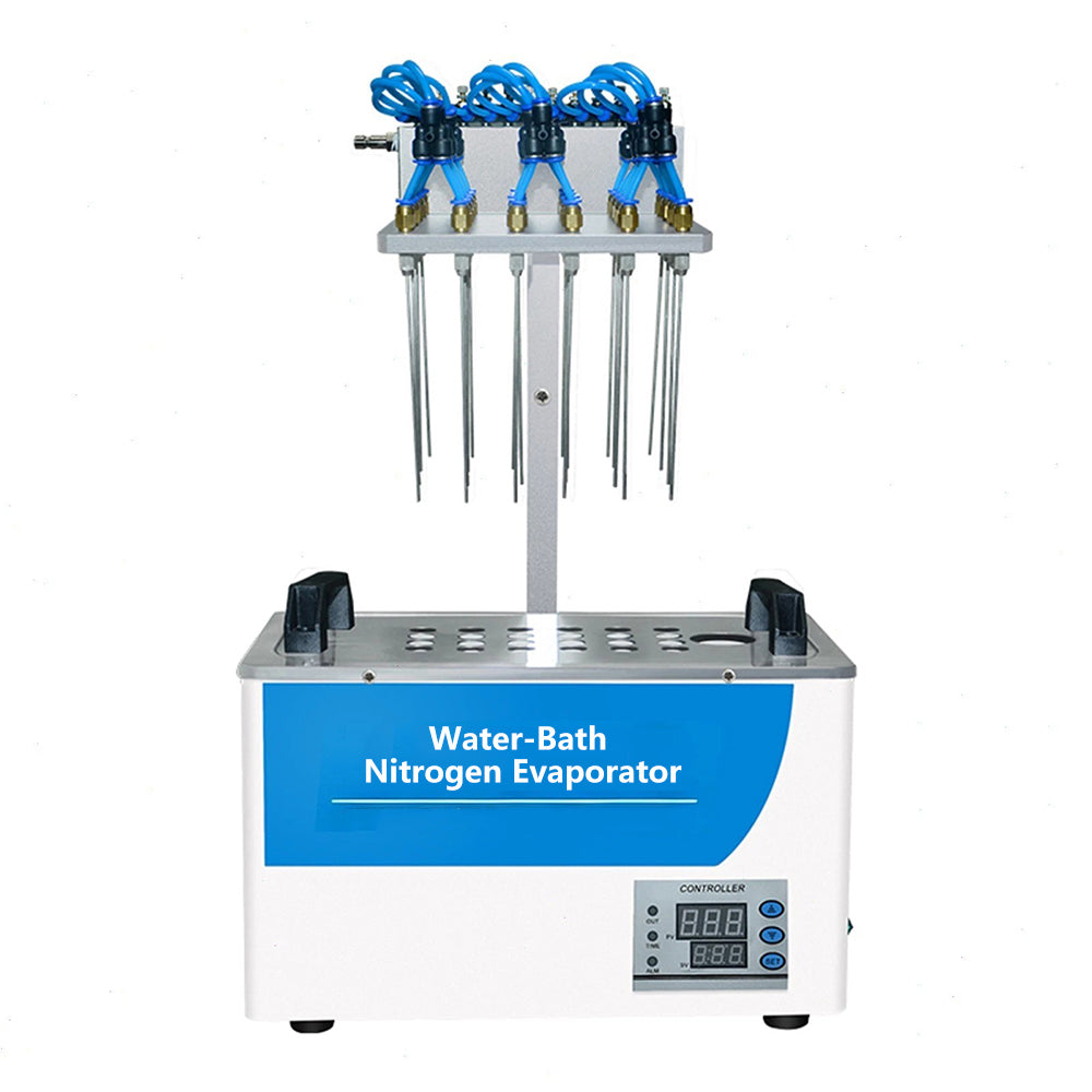 VTSYIQI 12-Hole Water Bath Nitrogen Evaporator Water Bath Concentration with Barometer 0-15L/min Sample Quantity 12 Control Temperature RT-100℃ Control Temperature Accuracy ±1℃ Standard Heating Module Test Tube Rack