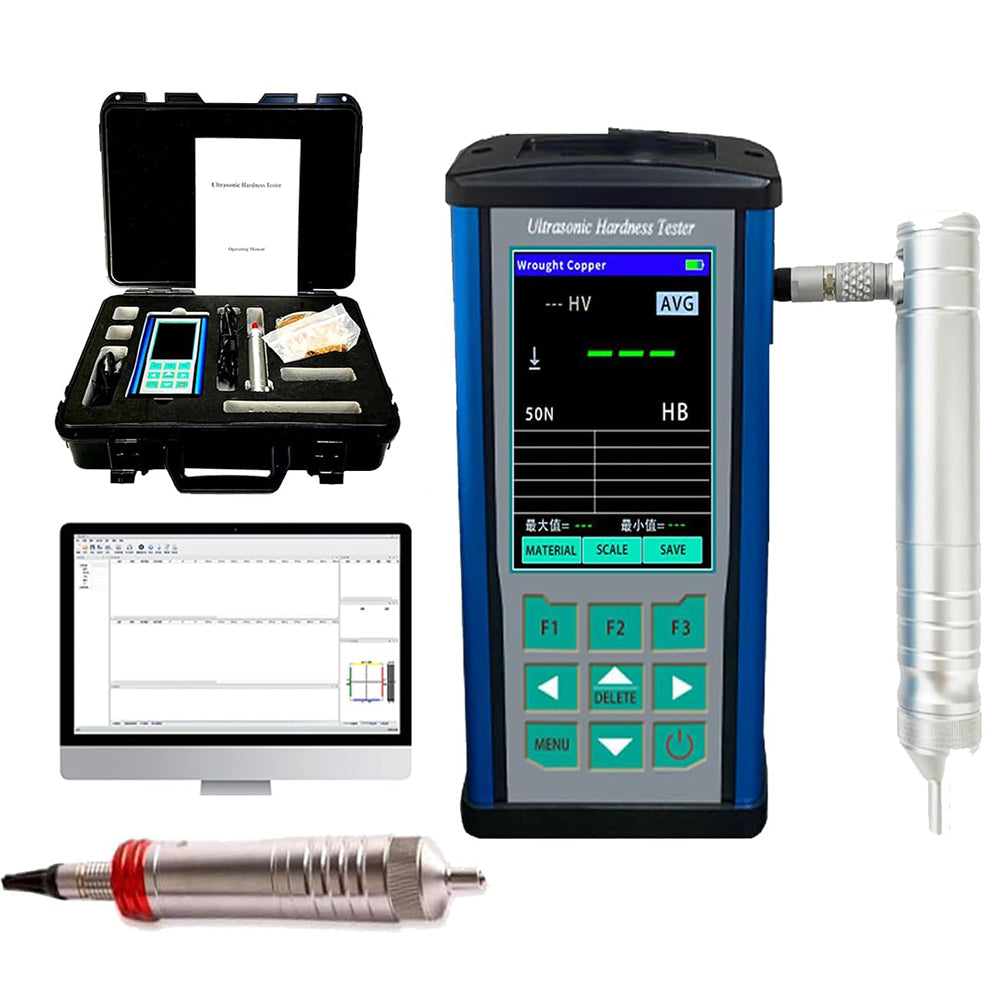 VTSYIQI Ultrasonic Hardness Tester Digital Ultrasonic Durometer with ASTM-A1038 Standard Force 98N 10kgf Probe Maximum Roughness Test Surface Ra<15um Accuracy ±2 HRC Multi-Point Calibration Function