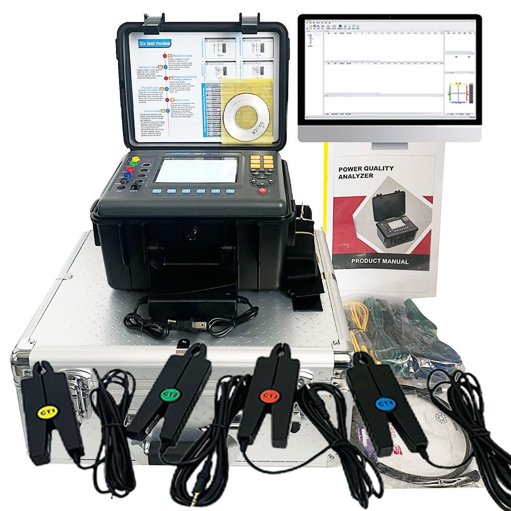 VTSYIQI Three Phase Power Quality Analyzer Meter Digital 3 Phase Power Quality Analyzer with IEC61010-031 Small Sharp Current Clamp 8mm×15mm Current Clamp 10mA-10.0A USB Interface 150 Groups Storage