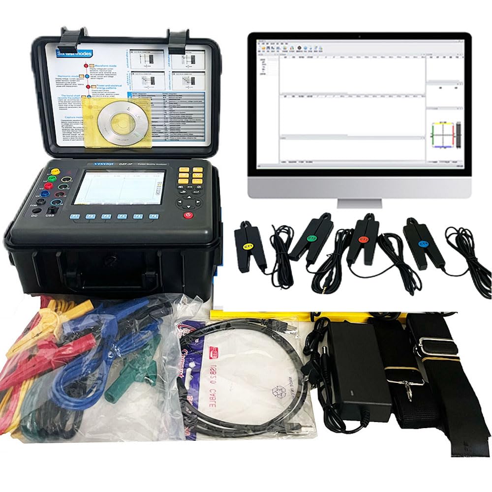 VTSYIQI Three Phase Power Quality Analyzer Meter Digital Power Quality Monitor with USB 150 Groups Data Records Real-time Waveform Current Clamp 10mA-10.0A Small Sharp Current Clamp 8mm×15mm