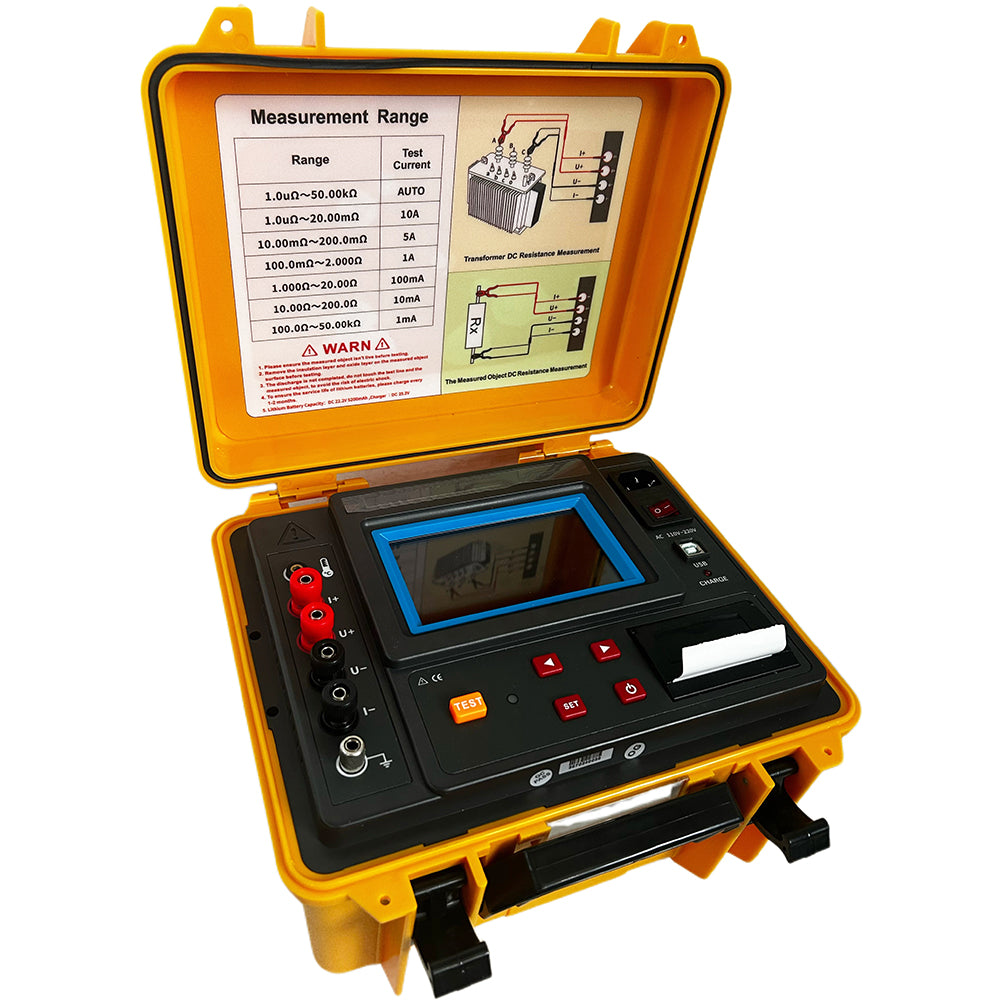 VTSYIQI Transformer DC Resistance Tester Digital Ground Conductivity Tester with Test Current  AUTO、10A、5A、1A、100mA、10mA、1mA  Built-in Printer Resistance Range 1.0uΩ~50kΩ Test Mode Automatic or Manual 5-inch HD Touch Screen
