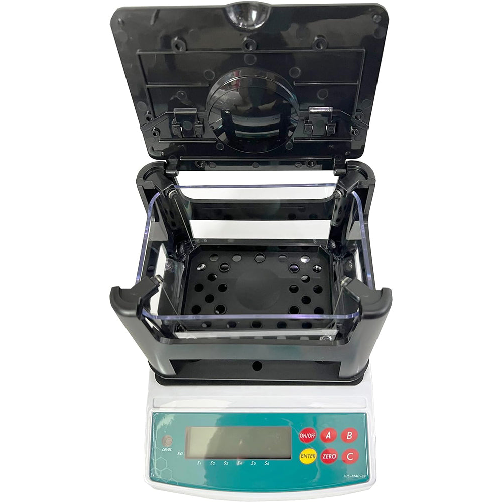 VTSYIQI Solid Densitometer Digital Solid Density Meter Tester with RS232 Interface Weight Range 0.005~300g Function of 10 Group Data Storage Density Resolution 0.001 g/cm3  The Method of Opening Cap Rapid Unimpeded No Lifting Cap Design