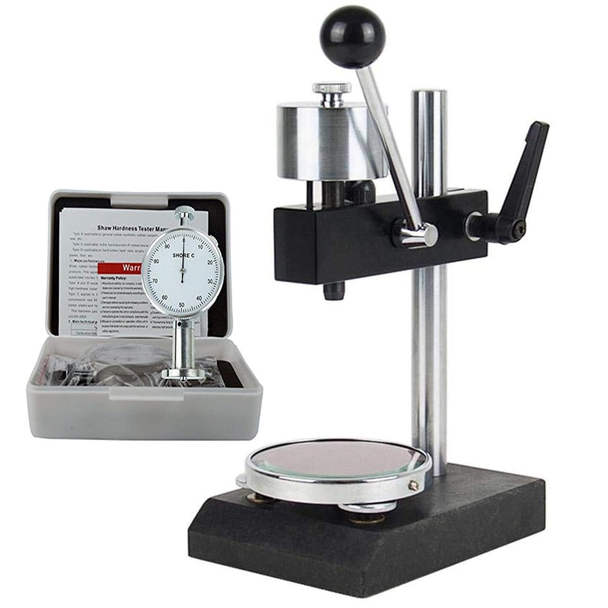 VTSYIQI Durometer Test Stand with Shore C Hardness Tester with Dial Value 0 to 100HC Recommended Range of Measurements 10 to 90 HC Resolution 1 HC Pressure Head Size SR 2.5 mm