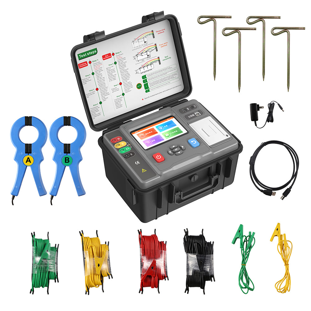 VTSYIQI Double Clamp Ground Resistance Tester Digital Soil Resistivity Resistance Tester with Test the Waveform and the Frequency Sine Wave 128Hz Grounding Resistance 0.00Ω～200.0kΩ Selection Method for Grounding Resistance 0.00Ω～3.000kΩ