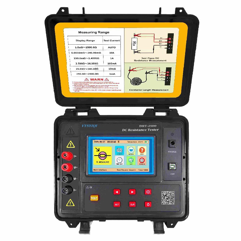VTSYIQI Digital Transformer DC Resistance Tester with Range 1.0uΩ-2500Ω | Resolution 0.1uΩ 1000 Groups Data Storage IEC61010-1 USB Communication Interface