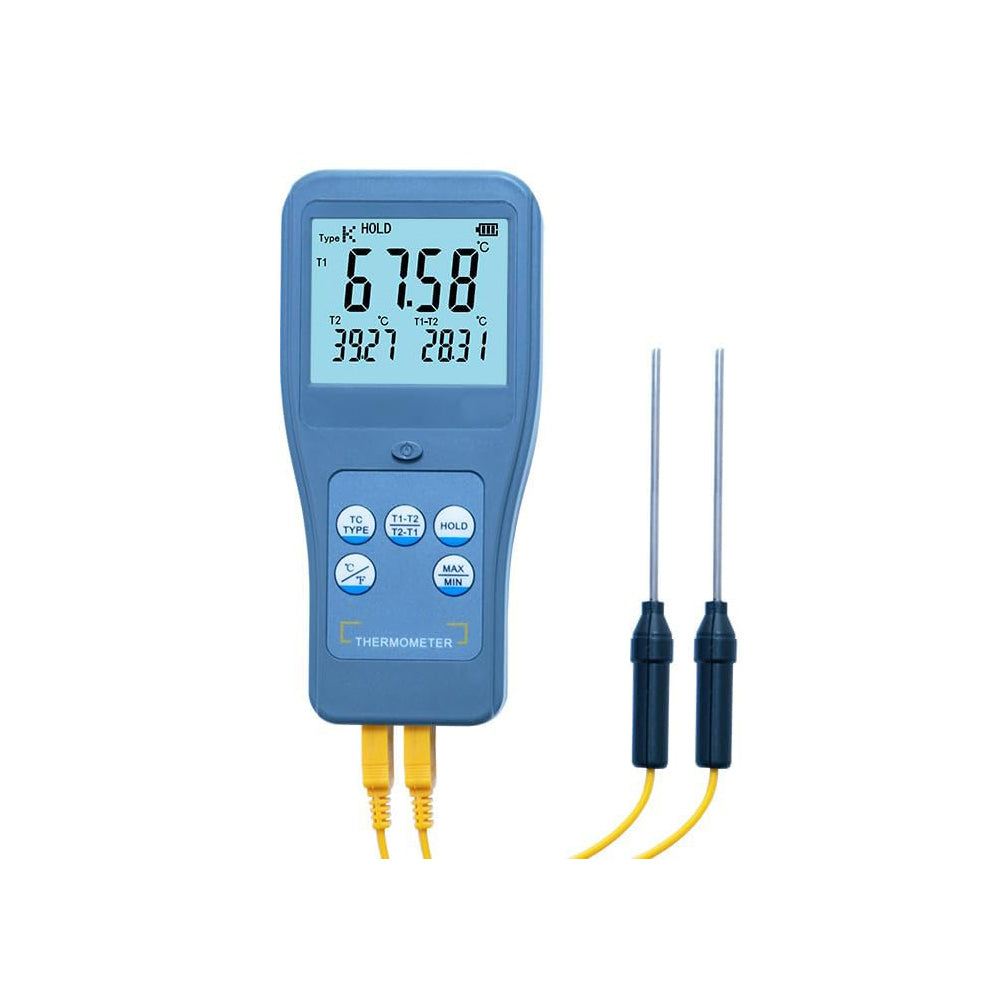 VTSYIQI Two-Channel Thermocouple Thermometer with K-Type Thermocouple Range -200~1372°C (-328~2501.6°F)  Data Hold Function Maximum, Minimum Statistical Function Resolution 0.01°C/°F Battery Indication Function LCD Display