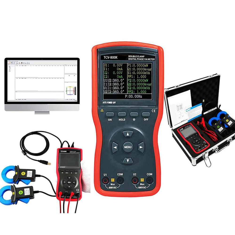 VTSYIQI Large Caliber Double Clamp Digital Phase Voltmeter Volt-Ampere Meter with Phase Range 0°-360° Voltage Range AC 0.00V~600V Current Range AC 0mA～600A Clamp Jaw Size φ40mm USB Interface