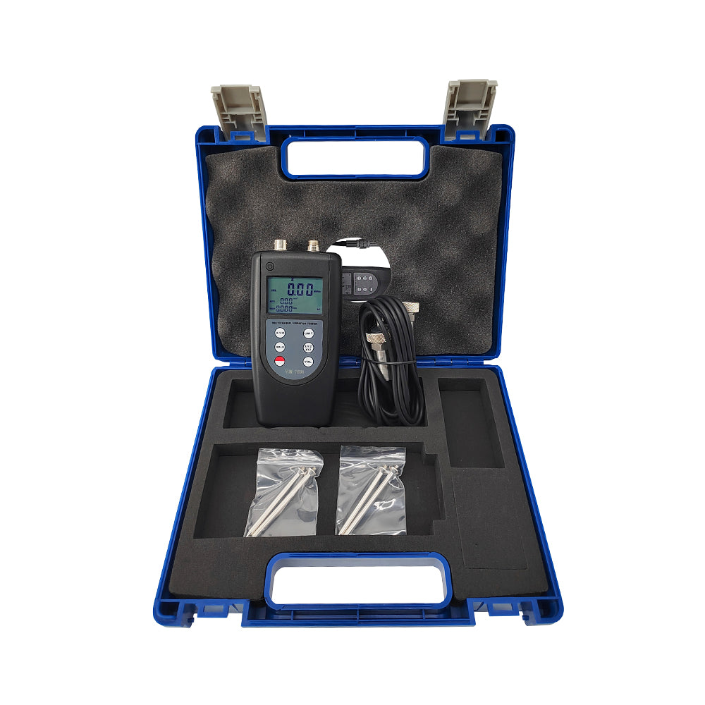 VTSYIQI Double Channel Vibrometer 2-Channel Vibration Meter Tester with Velocity Acceleration Displacement Simultaneously Display Velocity Cone Probe & Spherical Probe 2 Piezoelectric Transducers Accuracy 5% of Reading+2 Digits