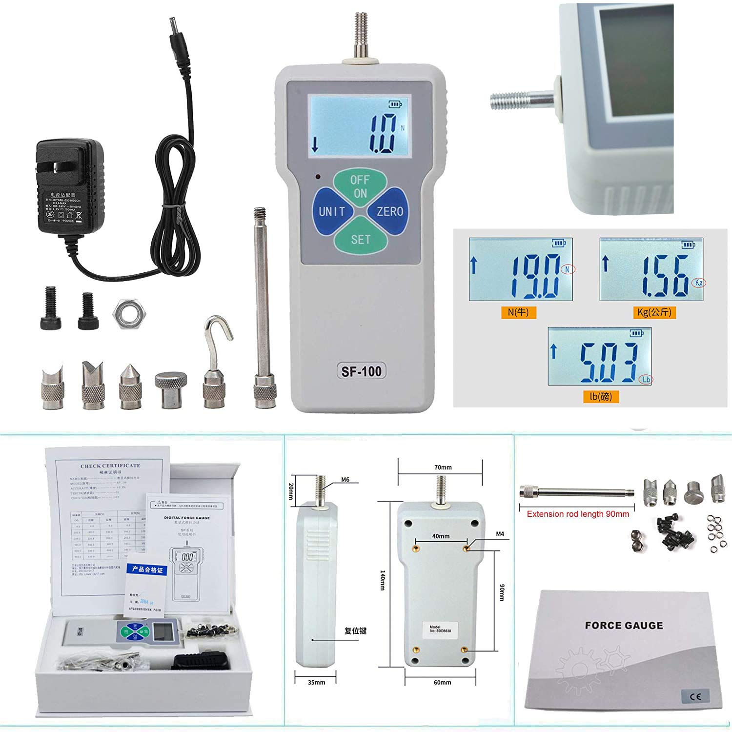 VTSYIQI Digital Push Pull Force Gauge Dynamometer Thrust Meter for Push Force and Pull Force Test with Precision ±0.5 Percent Capacity 100N 10kg 22 lbs