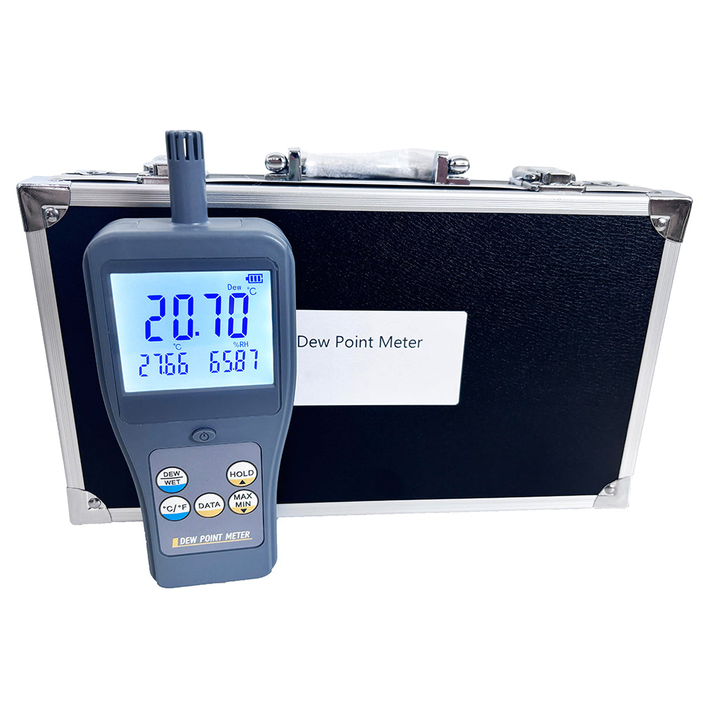 VTSYIQI Dew Point Meters Handheld Dew Point Meter with 99 Groups Data Storage Test Parameters Ambient Temperature Relative Humidity Dew Point Temperature Wet Bulb Temperature LCD Display