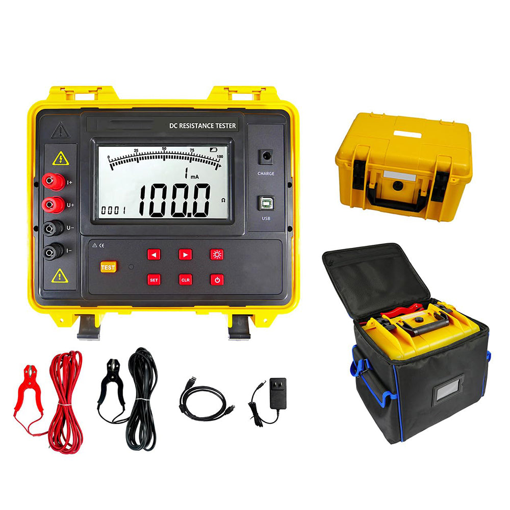 VTSYIQI Transformer DC Resistance Tester Grounding Continuity Resistance Meter with Precision 4-Wire Method 2-Channel A/D Simultaneous Detection 600 Groups Data Storage Resistance Range 1.0uΩ~50.00kΩ Output Voltage 24V MAX Automatic Manual Mode