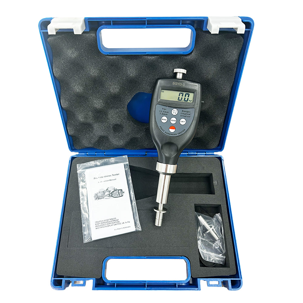 VTSYIQI Digital Fruit Penetrometer Fruit Hardness Tester Meter Fruit Sclerometer Durometer with Two Tip Diameter 7.9mm and 11.1mm Range 0.2~11.0kgf/cm² 0.4~22.0kgf/cm² Pressing Depth 10mm for Testing Larger Fruit Firm Hard Fruit
