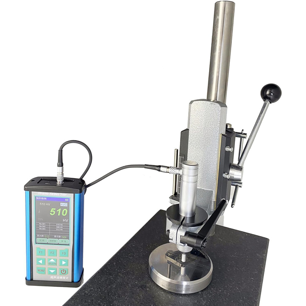 VTSYIQI Ultrasonic Portable Hardness Tester Portable Ultrasonic  Durometer with Test Stand withTest Force 10N Probe 1kgf Hardness Scales HV HB HRB HRC HRA for Surface Hardness Plasma Nitriding Small Complex Formed Parts Aluminum