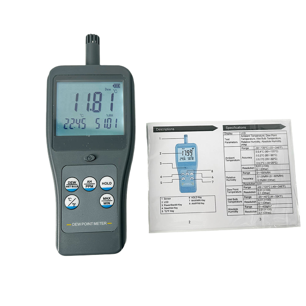 VTSYIQI Dew Point Meter Tester Analyzer with Ambient Temperature Relative Humidity Dew Point Temperature Wet Bulb Temperature Absolute Humidity PPM Test Parameters