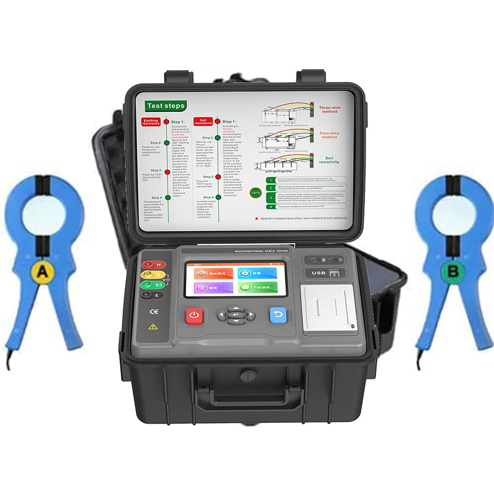 VTSYIQI Double Clamp Multi-function Earth Resistance Tester Soil Resistivity Tester with Three and Four Wire Method Grounding Resistance 0.00Ω～200.0kΩ Selection Method for Grounding Resistance 0.00Ω～3.000kΩ Soil Resistivity 0.00Ωm～9999kΩm