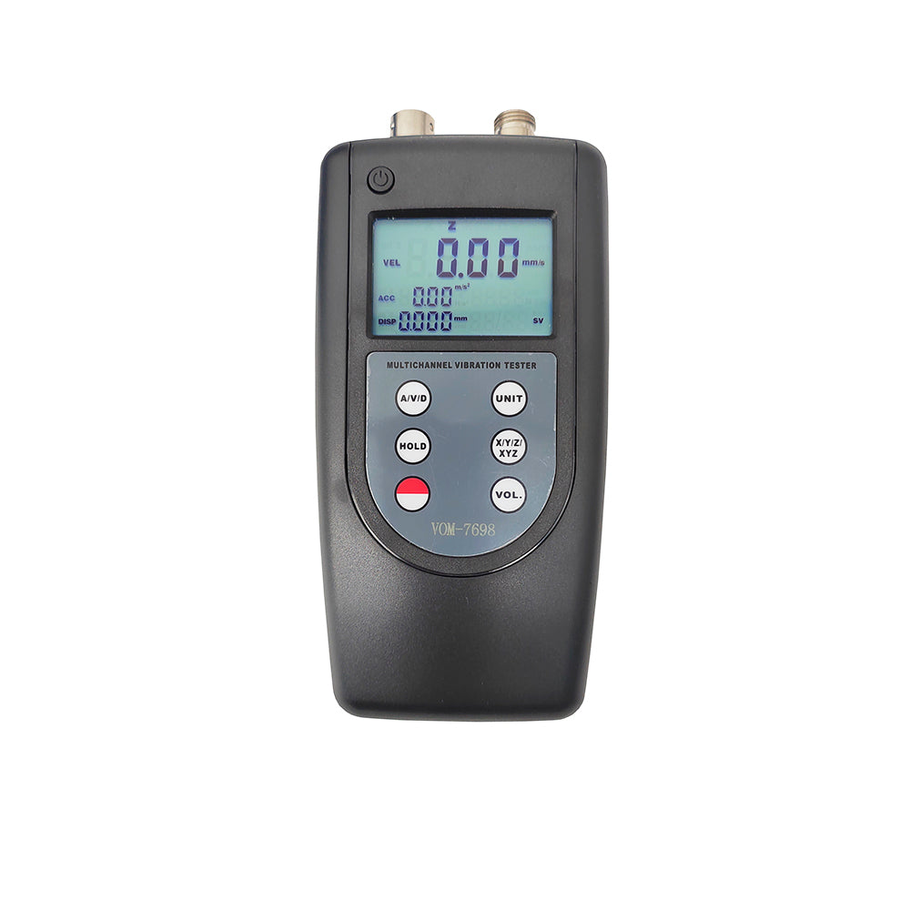 VTSYIQI Digital Vibration Tester Double Channel Vibration Meter with 2 Piezoelectric Transducers Accuracy 5% of Reading+2 Digits Velocity Acceleration Displacement Simultaneously Display Velocity Cone Probe & Spherical Probe