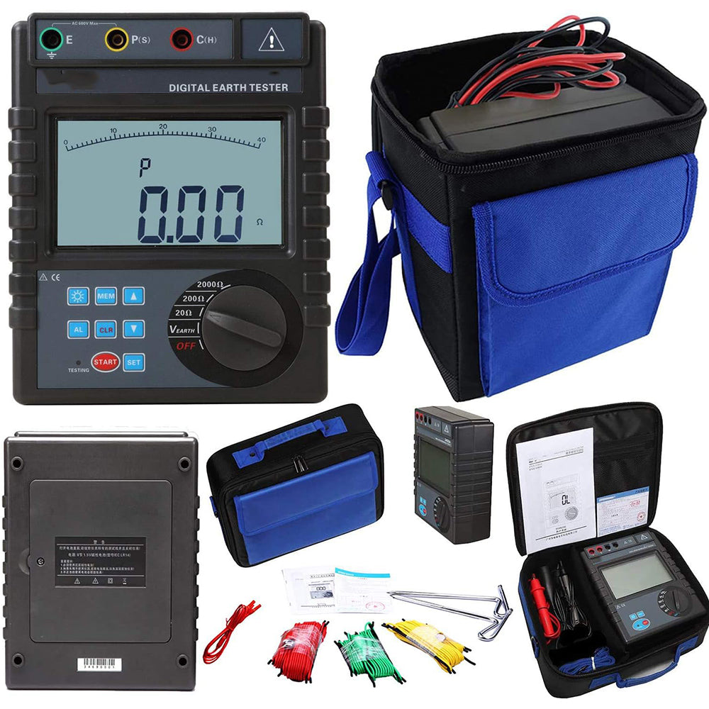 VTSYIQI Earth Resistance Tester Meter Two Three Wire Ground Resistance Tester with 400 Sets Data Storage Earth Voltage Range 0 to 600V Ground Resistance Range 0.01Ω~2000Ω