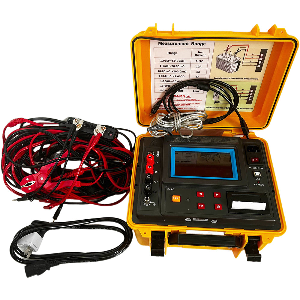 VTSYIQI Digital Transformer DC Resistance Tester Transformer DC Resistance Testing Equipment with Built-in Printer Function Test Current 10A Resistance Range 1.0uΩ~50kΩ Used to Quickly Measure The DC Resistance of Various Transformer Windings
