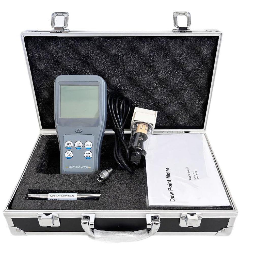 VTSYIQI Handheld Dew Point Meter Digital Dewpoint Meter with 6 Testing Parameters Resolution 0.01 Data Hold Function Temperature Unit °C/°F Display Three Values at The Same Time LCD Display