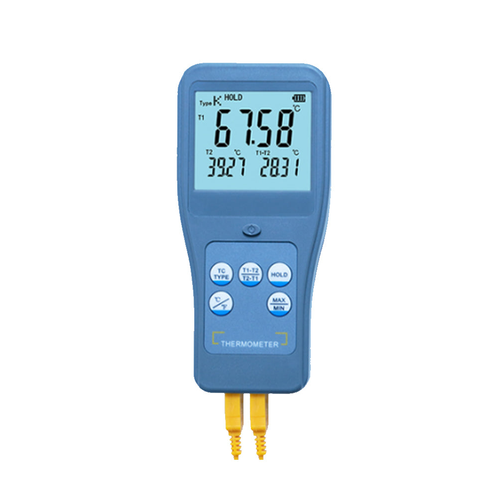VTSYIQI 2 Channel Thermocouple Thermometer Dual Channel Thermocouple Thermometer with K-Type Thermocouple Range -200~1372°C (-328~2501.6°F)  Data Hold Function Maximum, Minimum Statistical Function