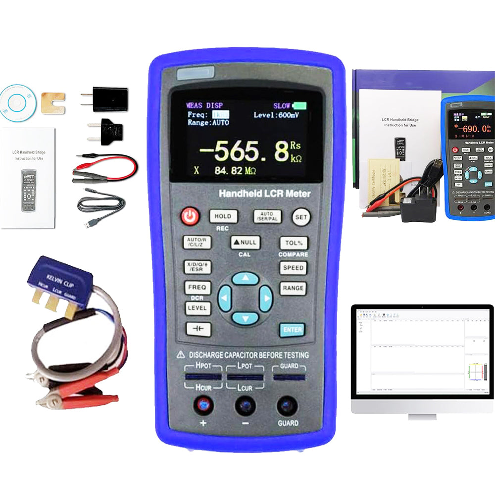 VTSYIQI Handheld LCR Meter Inductance Resistance Capacitance Tester Digital Capacitor Meter with Basic Accuracy 0.2% Testing Frequency 100Hz 120Hz 1KHz 10KHz DCR Mode Electrolytic Capacitor Mode Testing Level 0.1Vrms 0.3Vrms 0.6Vrms 1Vrms
