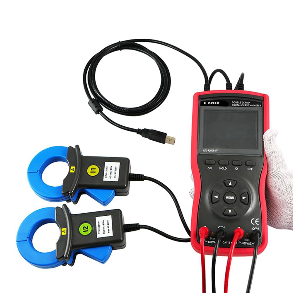 VTSYIQI Large Clamp Double Clamp Digital Phase Voltage Current Meter Double Clamp Phase VA Meter with 20A Voltage Range φ40mm Clamp Jaw Size 360kW Power Range USB Communication Interface