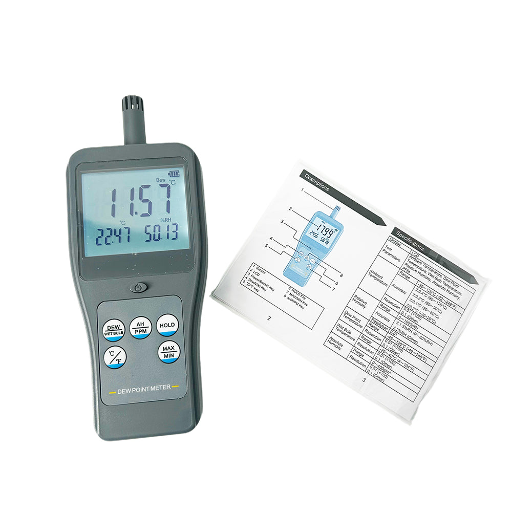 VTSYIQI Dewpoint Meters Integrated Multifunctional Dew Point Meter for Ambient Temperature Relative Humidity Dew Point Temperature Wet Bulb Temperature Absolute Humidity PPM Measurement with LCD Display